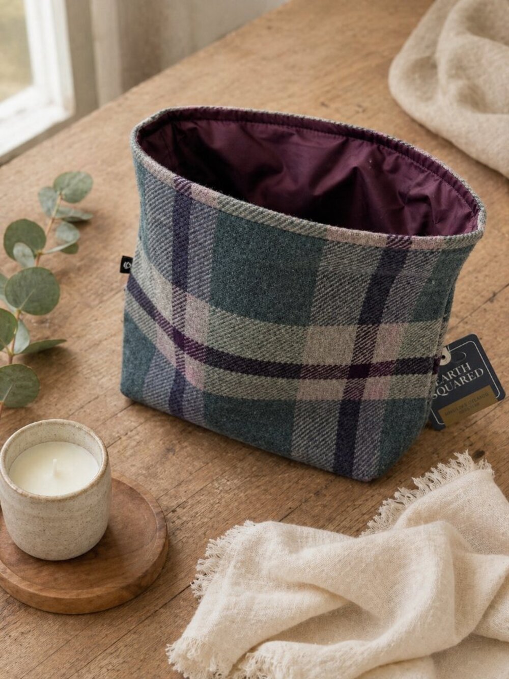 Earth Squared Plaid Fabric Storage Basket | Teal Green & Purple Tartan | NWT